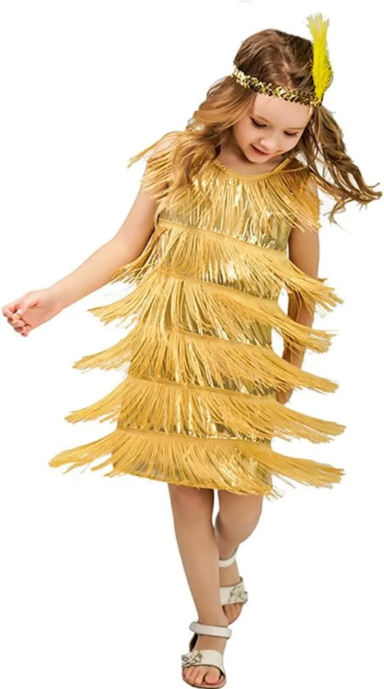 20s Flapper Dresses for Girls Gatsby Tassel Fringe Dress with Feather Headband Kids 1920s Flapper Costume