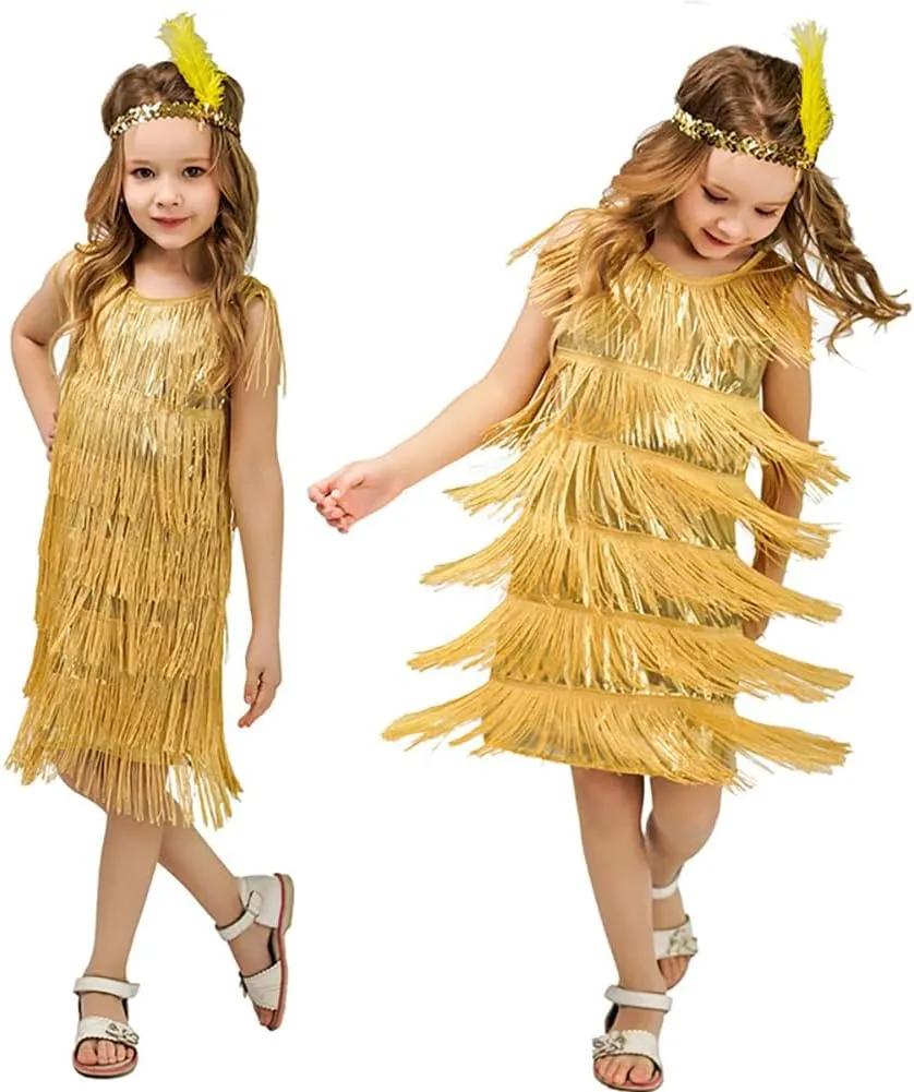 20s Flapper Dresses for Girls Gatsby Tassel Fringe Dress with Feather Headband Kids 1920s Flapper Costume