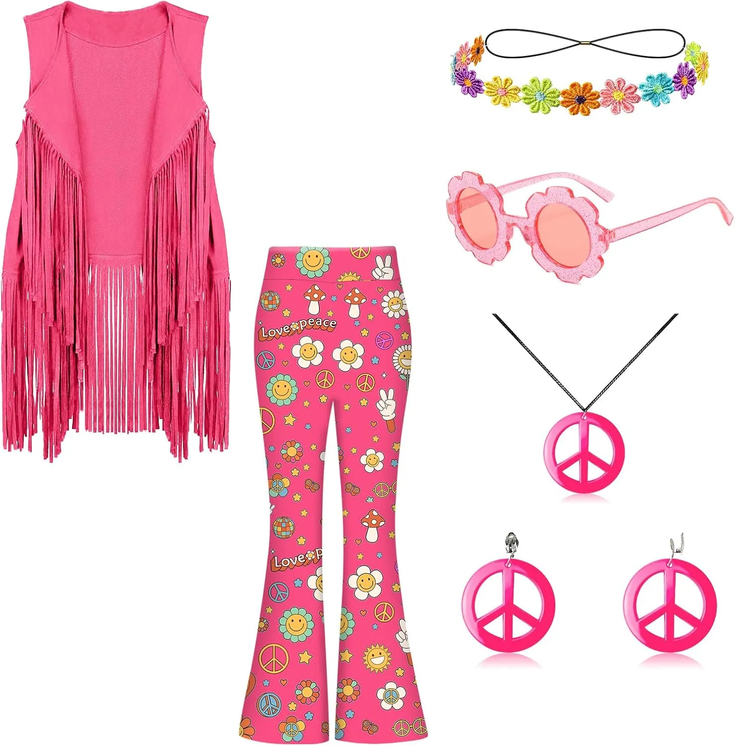 60s 70s Outfits for Kids Girls 7 Pcs Hippie Costume Set Fringe Vest Peace Flared Pants Accessories Set for Halloween