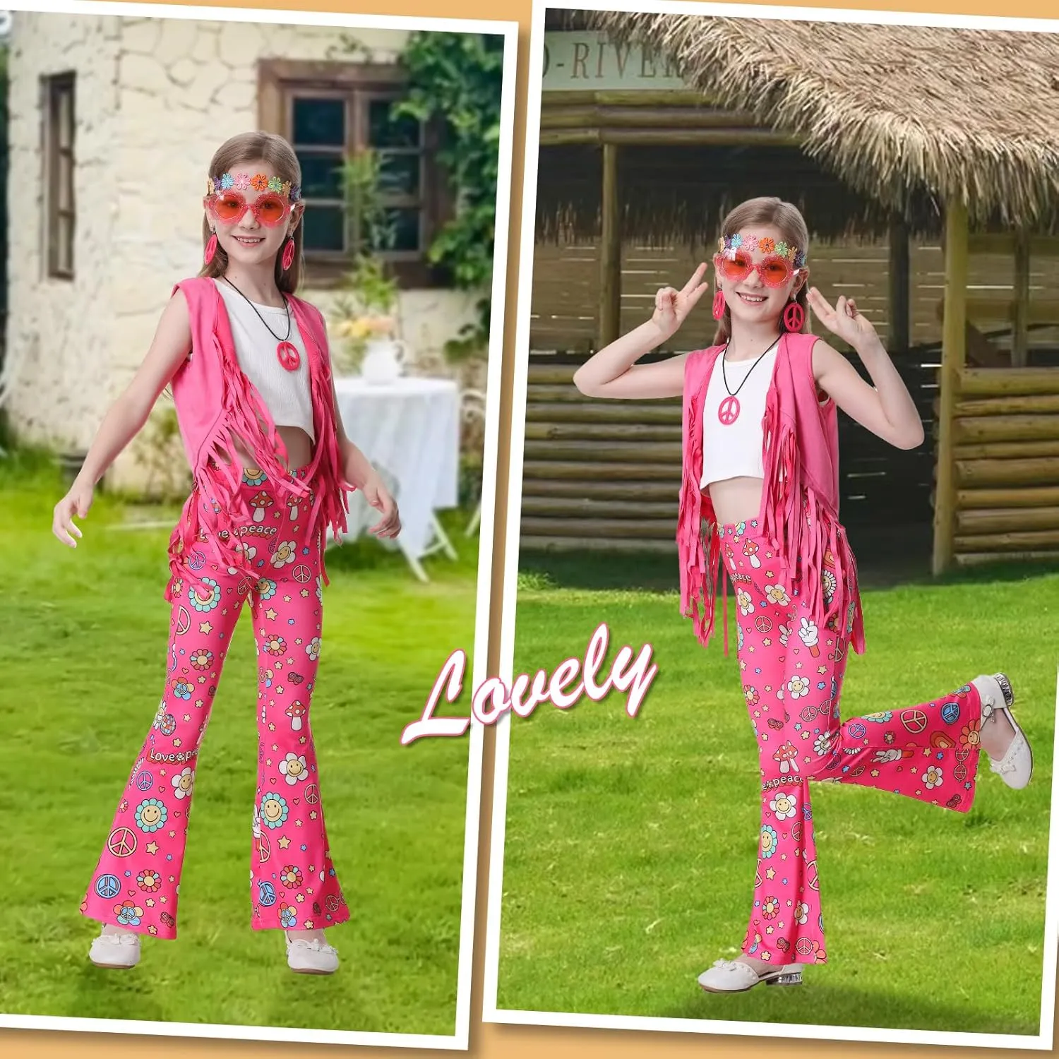 60s 70s Outfits for Kids Girls 7 Pcs Hippie Costume Set Fringe Vest Peace Flared Pants Accessories Set for Halloween