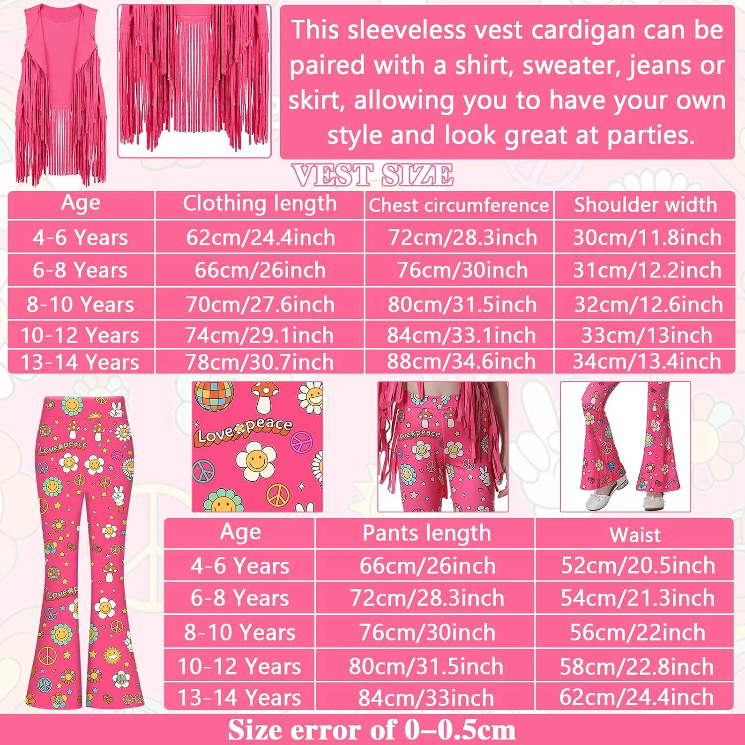 60s 70s Outfits for Kids Girls 7 Pcs Hippie Costume Set Fringe Vest Peace Flared Pants Accessories Set for Halloween