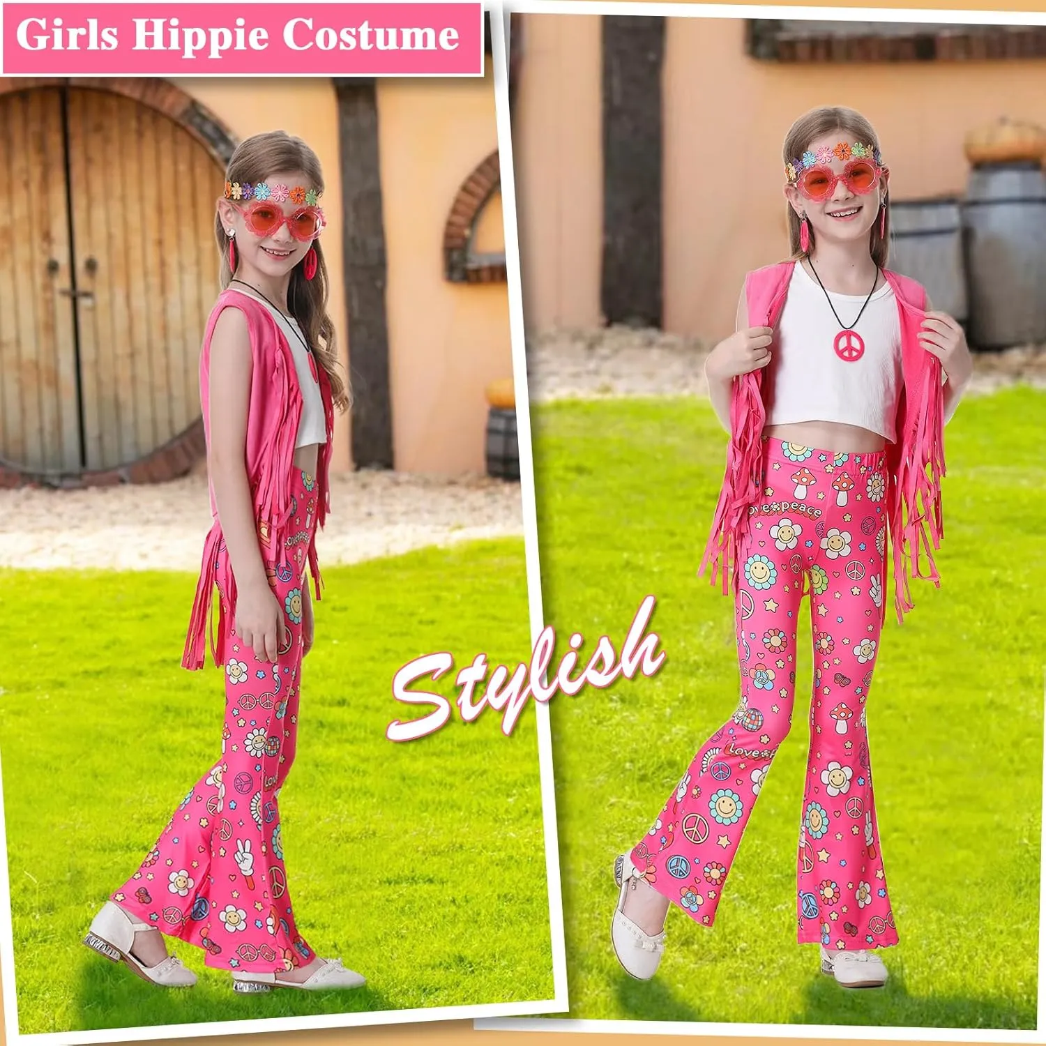60s 70s Outfits for Kids Girls 7 Pcs Hippie Costume Set Fringe Vest Peace Flared Pants Accessories Set for Halloween