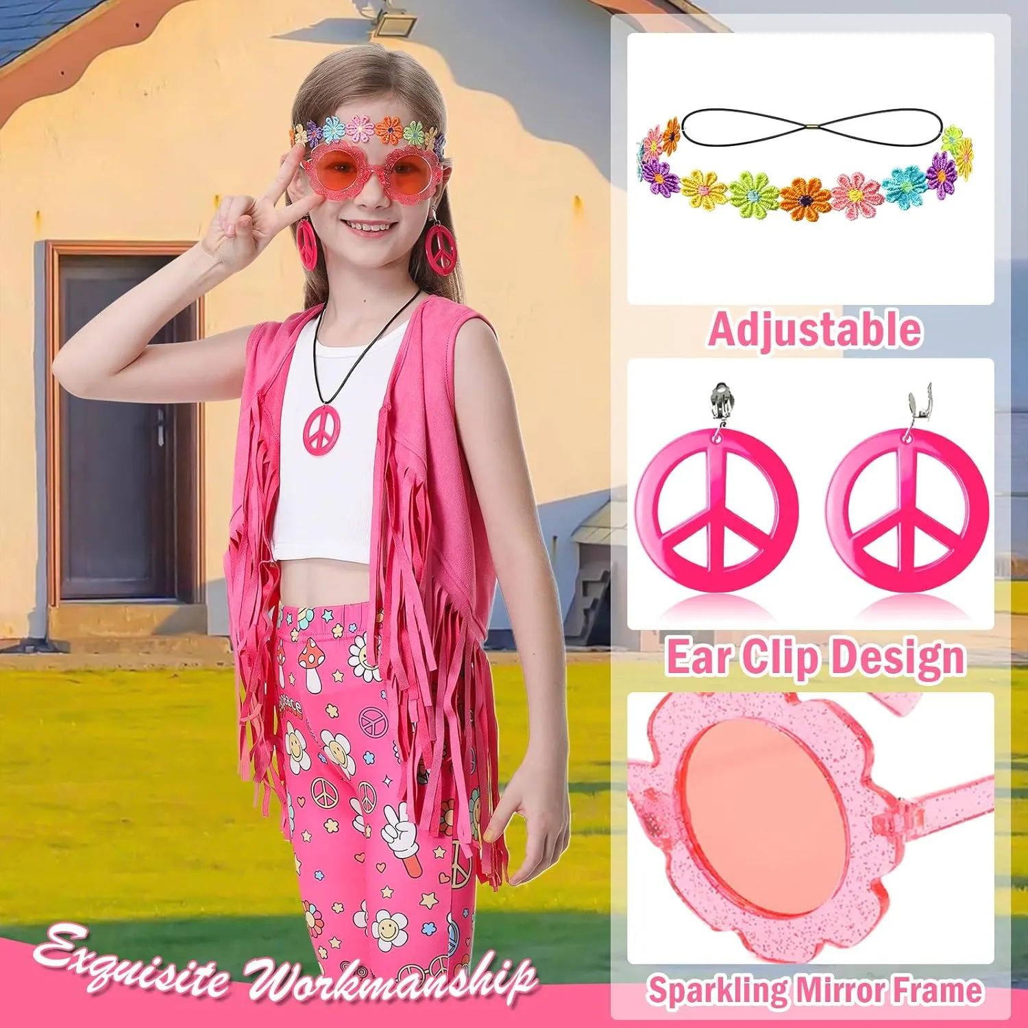 60s 70s Outfits for Kids Girls 7 Pcs Hippie Costume Set Fringe Vest Peace Flared Pants Accessories Set for Halloween