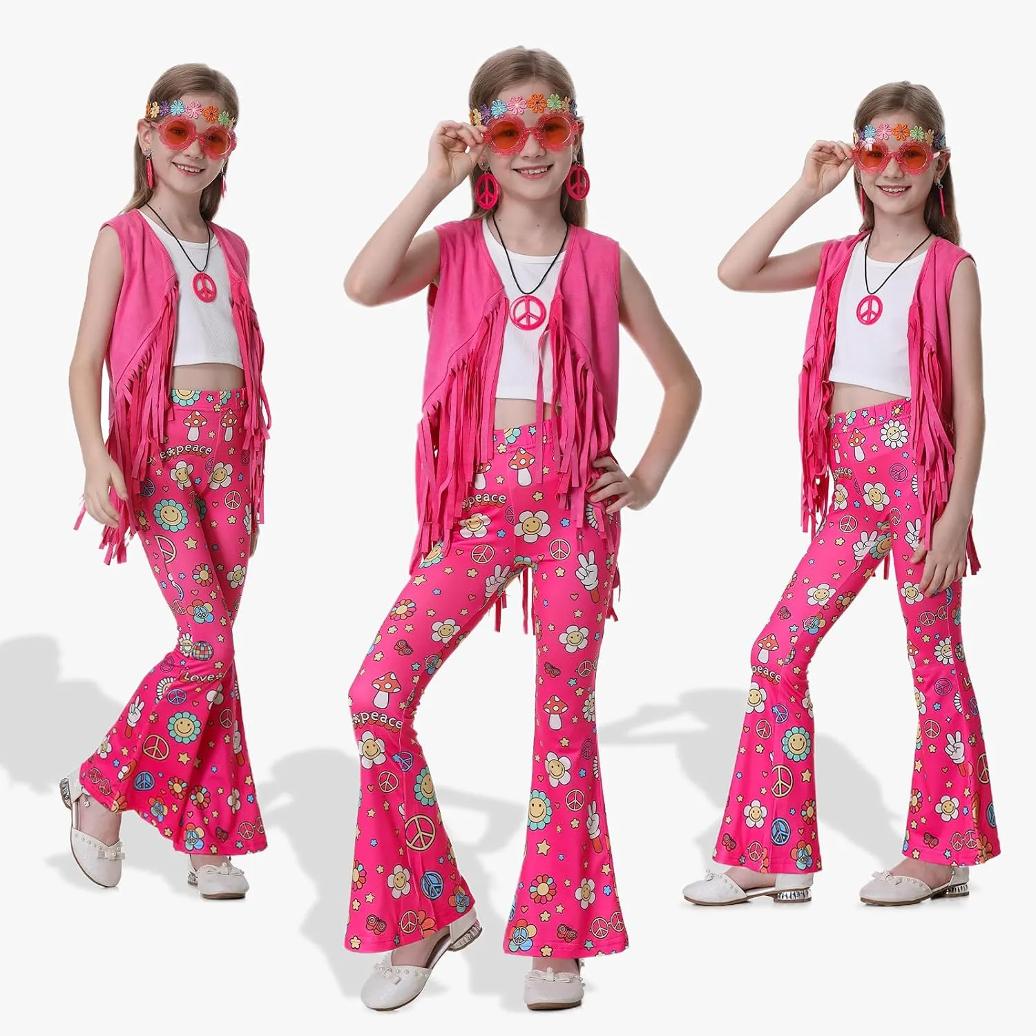 60s 70s Outfits for Kids Girls 7 Pcs Hippie Costume Set Fringe Vest Peace Flared Pants Accessories Set for Halloween