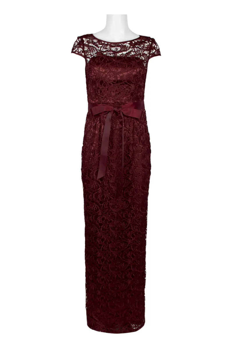 Adrianna Papell Boat Neck Cap Sleeve Tie Front Zipper Back Lace Gown