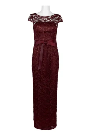 Adrianna Papell Boat Neck Cap Sleeve Tie Front Zipper Back Lace Gown