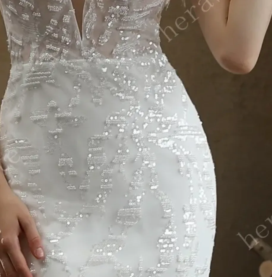 Allover Beaded Sheath Wedding Dress with a Ruffled Skirt