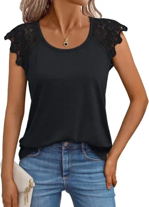 AUTOMET Womens Tops Casual Dressy Lace Summer Tee 2025 Cap Sleeve T Shirts Cute Basic Trendy Fashion Spring Outfits