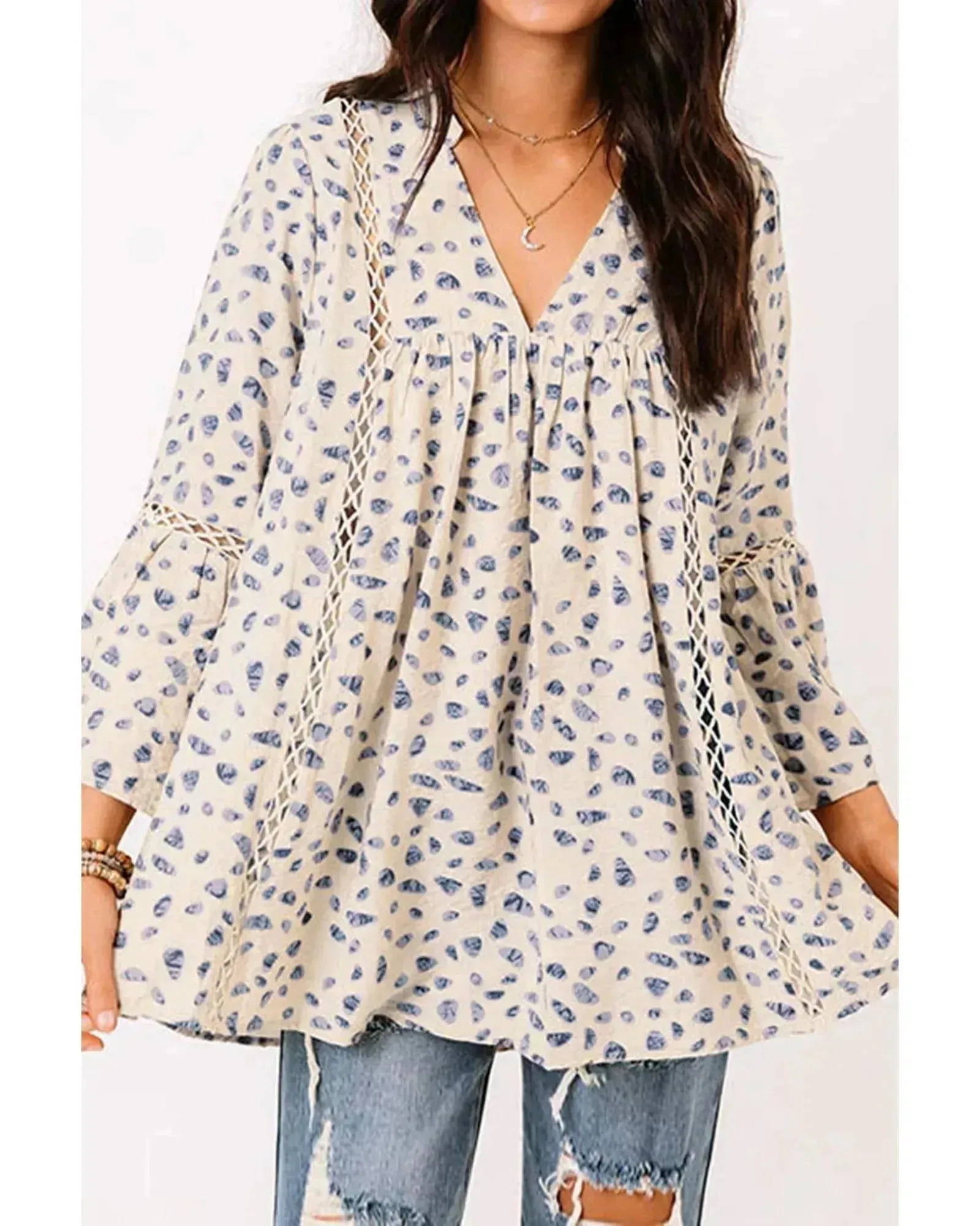 Azura Exchange Leopard Lace Trim Baby doll Blouse - M