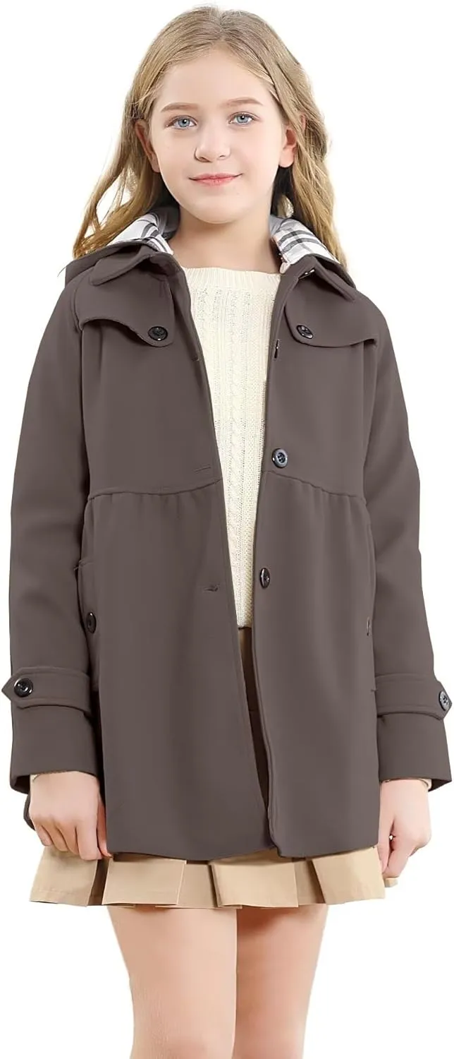 Betusline Girls' Dress Coat, Kids Hoodie Wool Blend Coats Fall Winter Outerwear Peacoat,2-14 Years