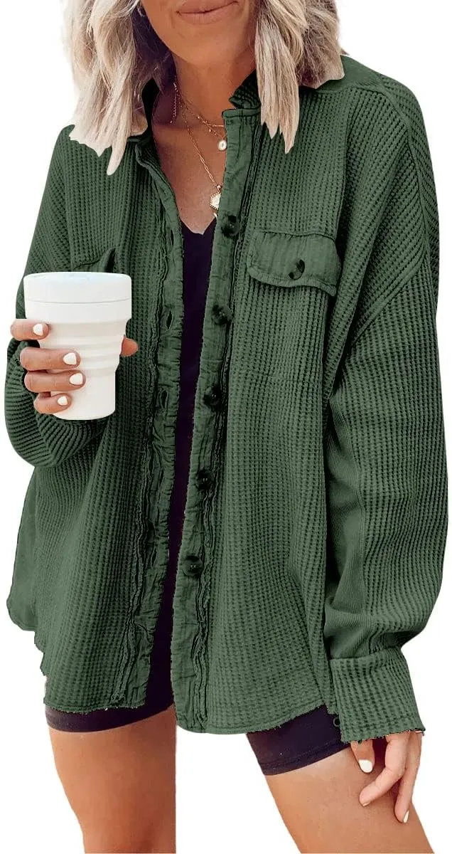 CHARTOU Women's Vintage Banded Collar Button Down Baggy Loose Fit Mid-Weight Frayed Waffle Knit Shacket Shirt Tops