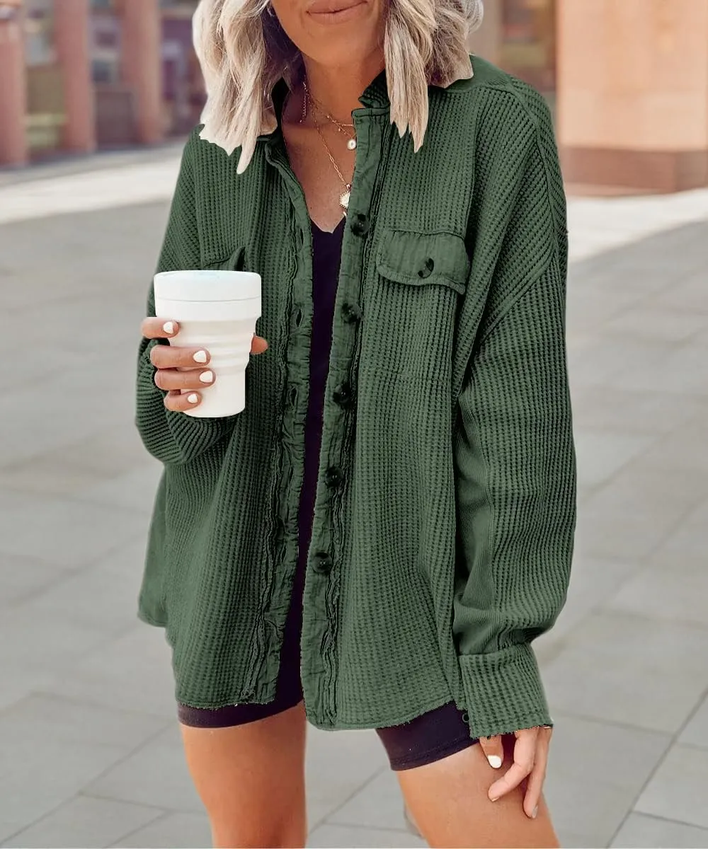 CHARTOU Women's Vintage Banded Collar Button Down Baggy Loose Fit Mid-Weight Frayed Waffle Knit Shacket Shirt Tops