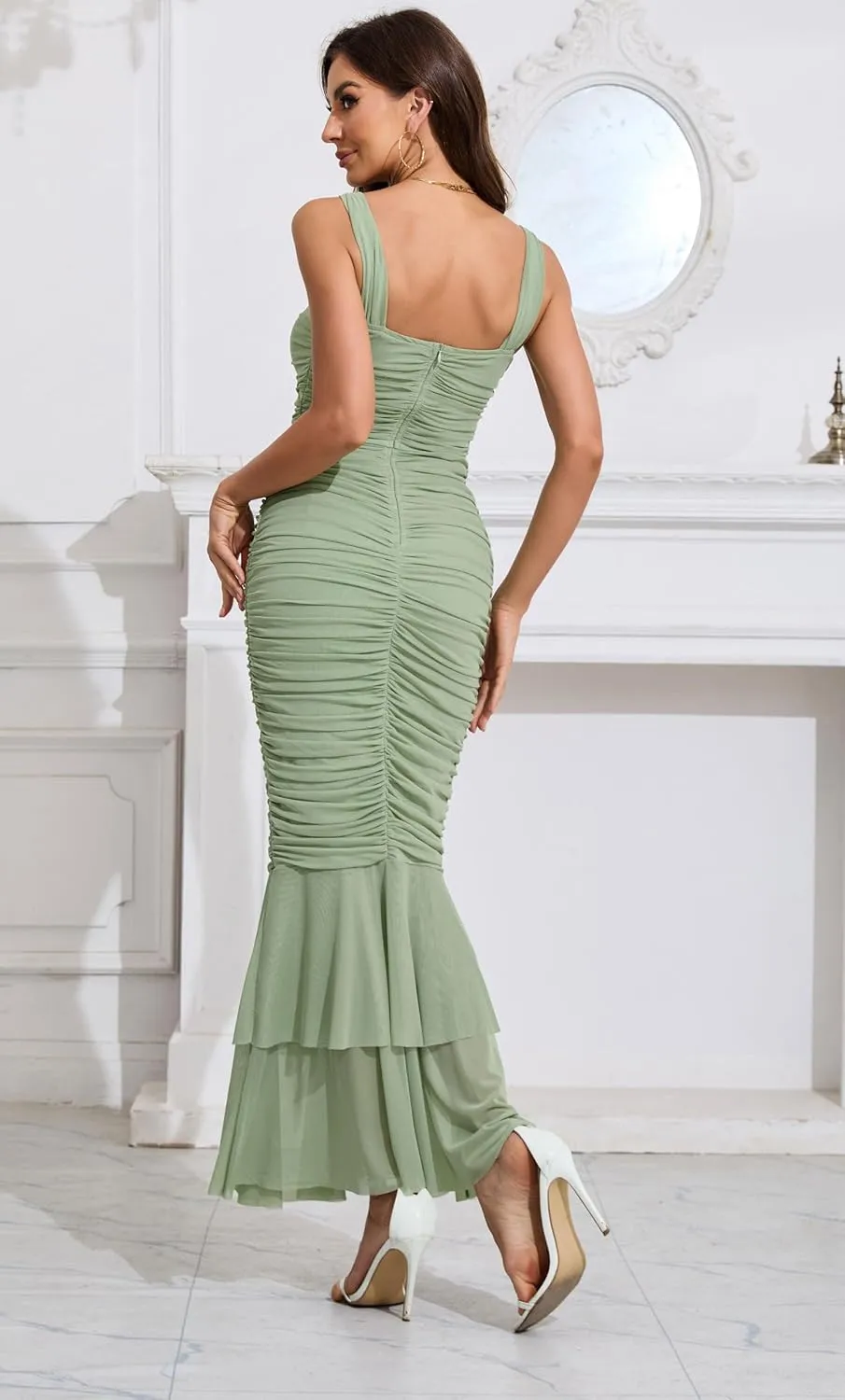chouyatou Womens Strenchy Ruched Bodycon Cocktail Party Dress Maxi Mermaid Corset Dress Evening Gown