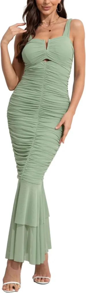 chouyatou Womens Strenchy Ruched Bodycon Cocktail Party Dress Maxi Mermaid Corset Dress Evening Gown