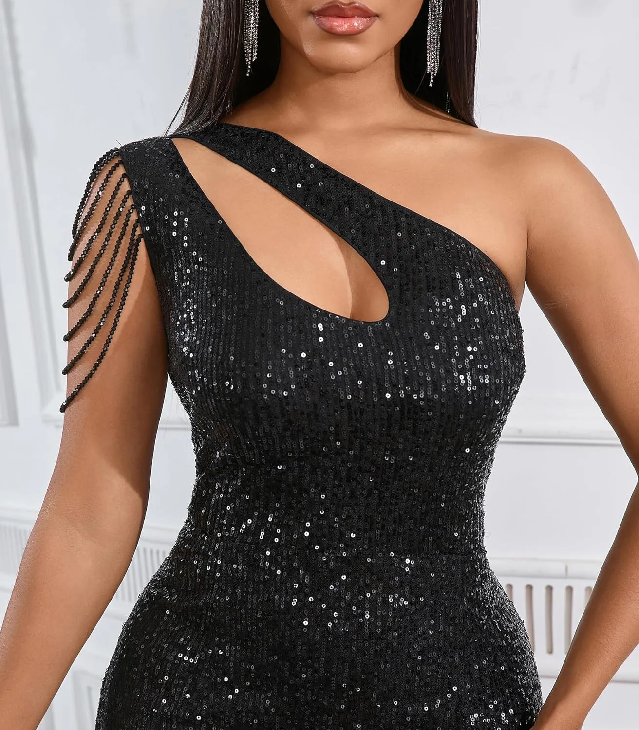 Cololura Women Sequin Elegant Sexy One Shoulder Tassel Mermaid Bodycon Cocktail Evening Dress