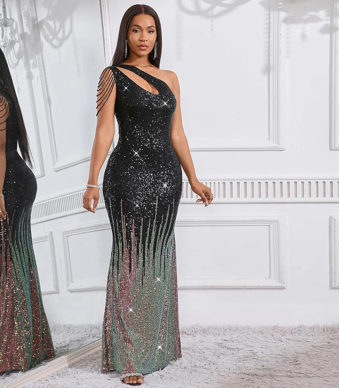 Cololura Women Sequin Elegant Sexy One Shoulder Tassel Mermaid Bodycon Cocktail Evening Dress