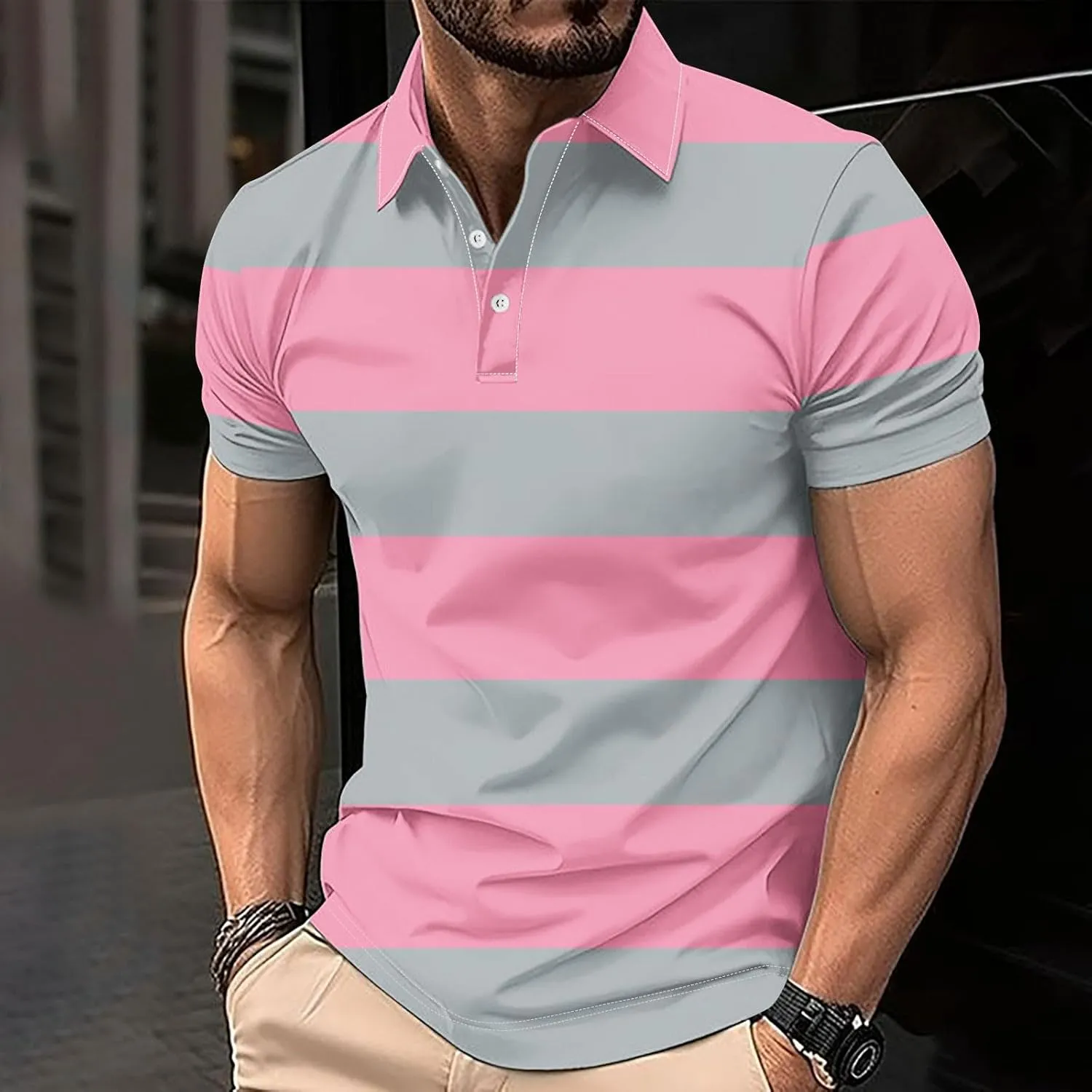 Color Block Golf Shirts for Men Short Sleeve Regular Fit Moisture Wicking Performance Casual Striped Mens Polo Shirts