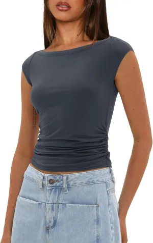 Darong Women's Summer Cap Sleeve Tops Slim Fitted Boat Neck Basic Tee Casual Going Out Top Shirts