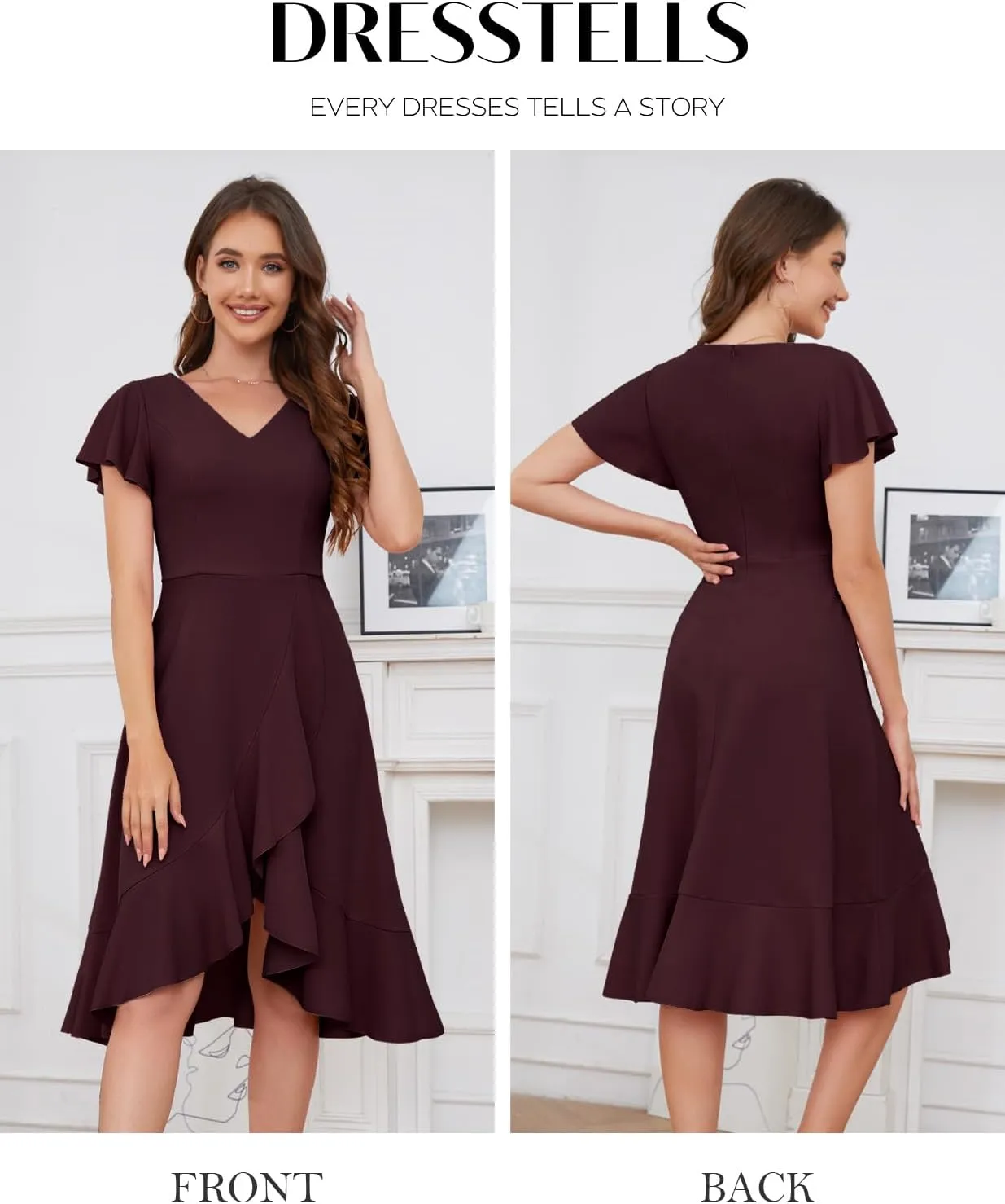 DRESSTELLS Women's Cocktail Dresses 2025, Formal Wedding Guest Ruffle Prom Party Evening Dress V-Neck Vintage Dress