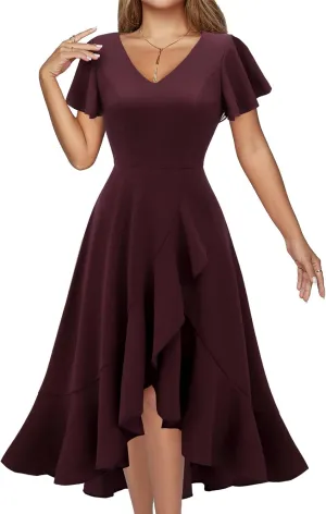 DRESSTELLS Women's Cocktail Dresses 2025, Formal Wedding Guest Ruffle Prom Party Evening Dress V-Neck Vintage Dress