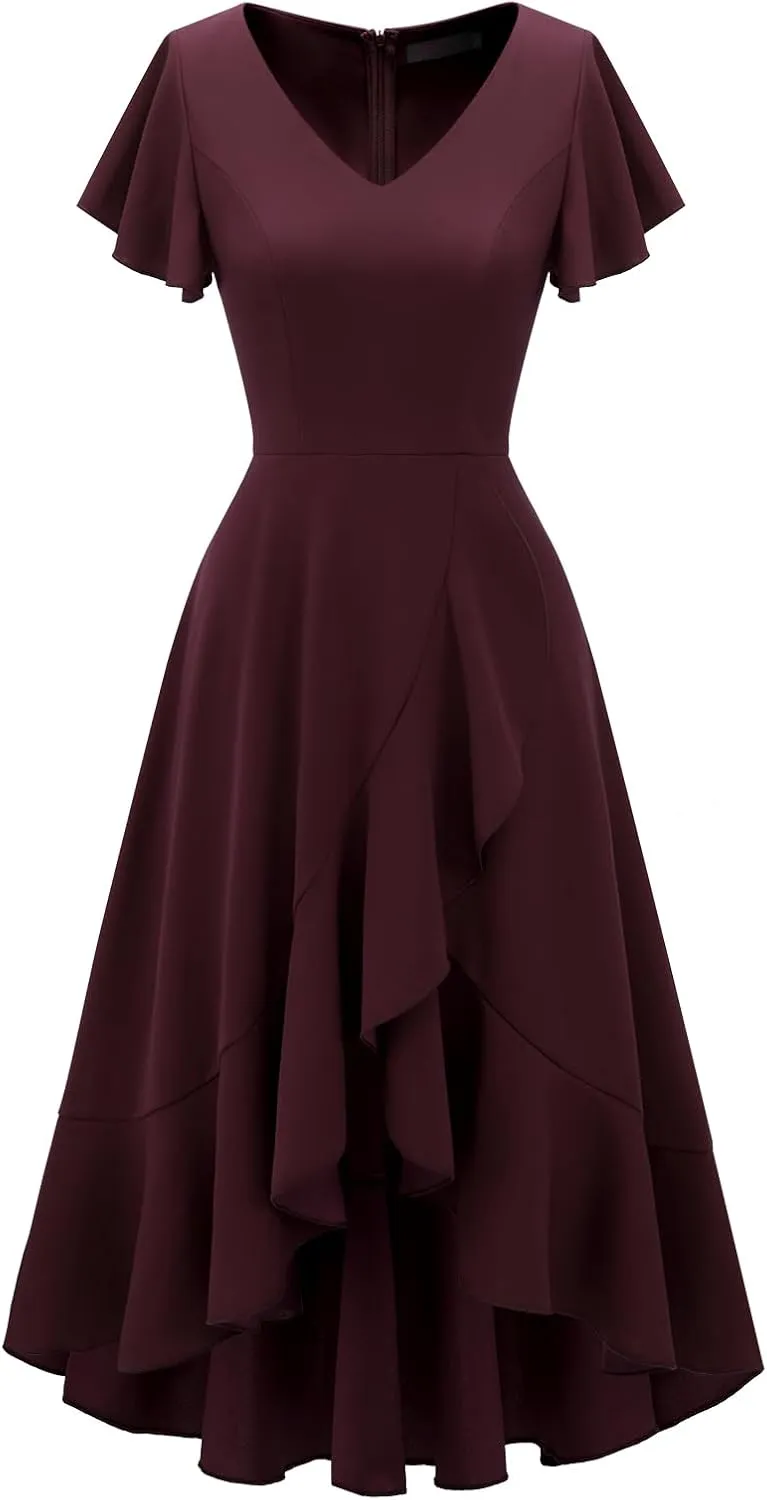 DRESSTELLS Women's Cocktail Dresses 2025, Formal Wedding Guest Ruffle Prom Party Evening Dress V-Neck Vintage Dress
