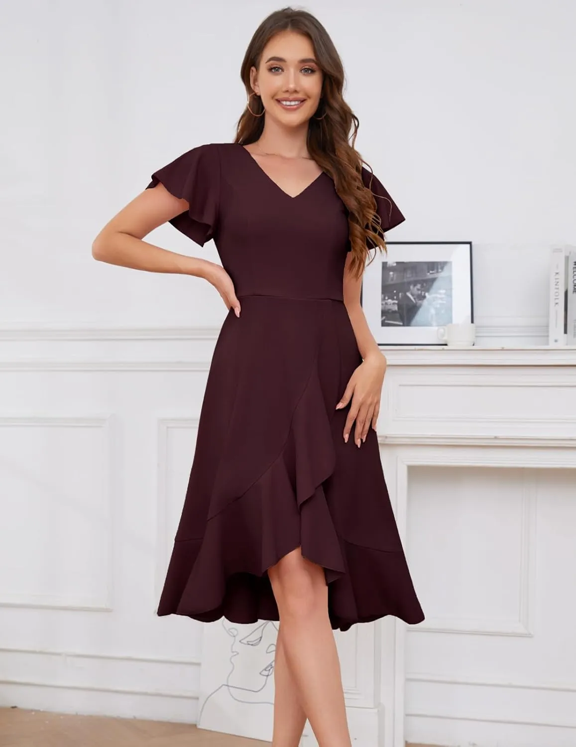 DRESSTELLS Women's Cocktail Dresses 2025, Formal Wedding Guest Ruffle Prom Party Evening Dress V-Neck Vintage Dress