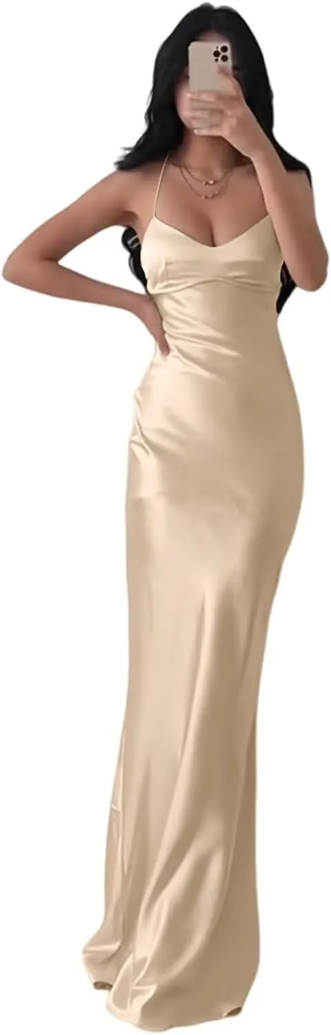 Eightale Satin Mermaid Bridesmaid Dresses Long Backless Bodycon Slip Maxi Prom Formal Evening Gown