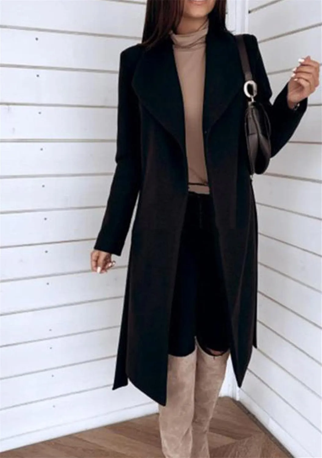 FLITAY Women's Shawl Collar Lapel Winter Belted Lightweight Coat Fashion Wrap Overcoat with Pockets