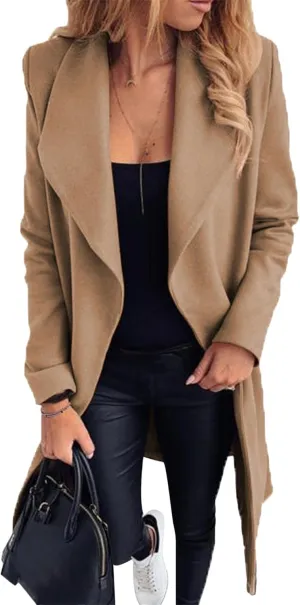 FLITAY Women's Shawl Collar Lapel Winter Belted Lightweight Coat Fashion Wrap Overcoat with Pockets