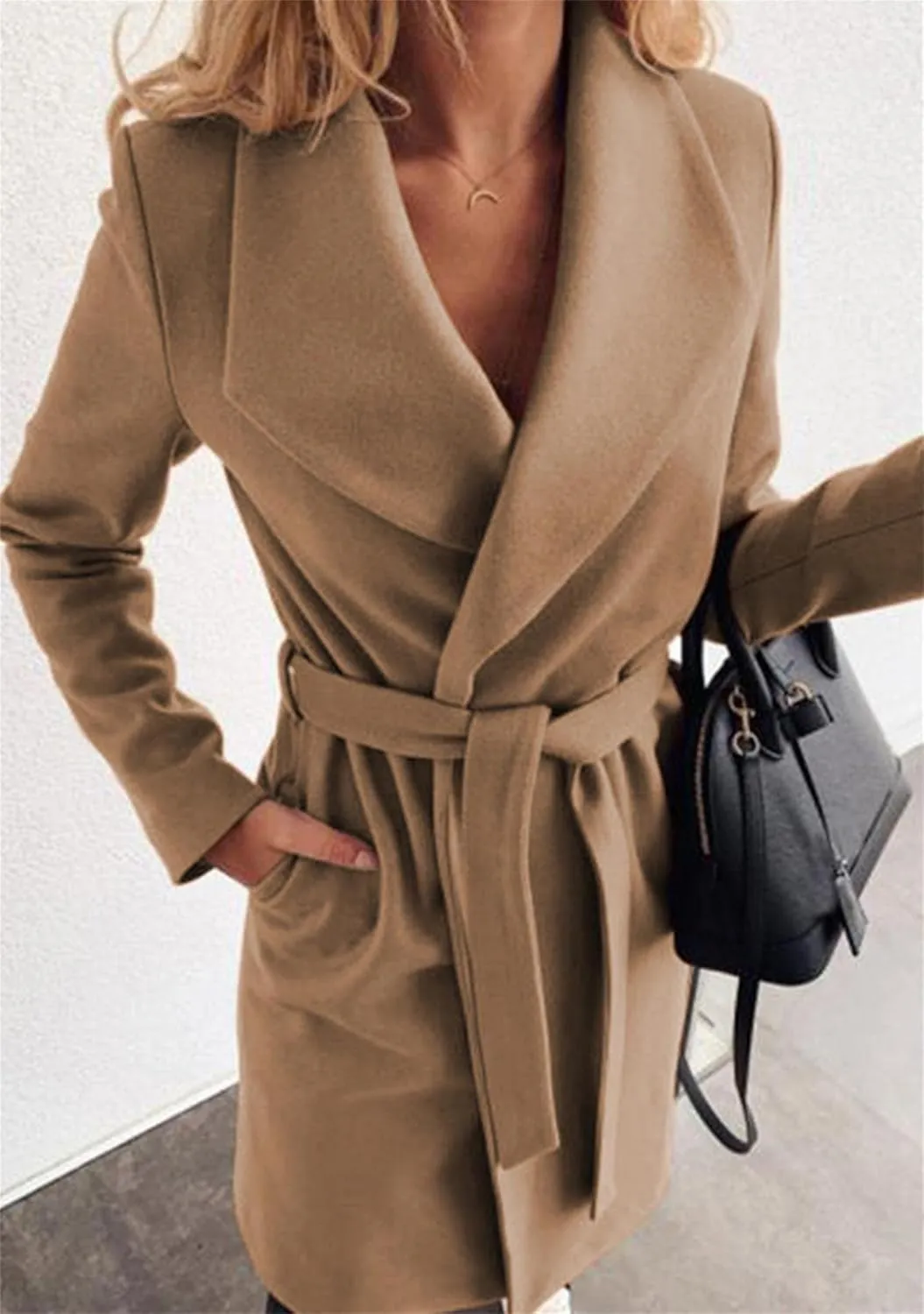 FLITAY Women's Shawl Collar Lapel Winter Belted Lightweight Coat Fashion Wrap Overcoat with Pockets