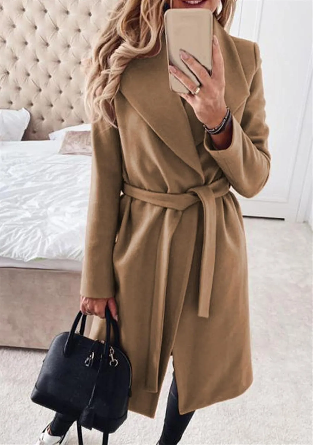 FLITAY Women's Shawl Collar Lapel Winter Belted Lightweight Coat Fashion Wrap Overcoat with Pockets