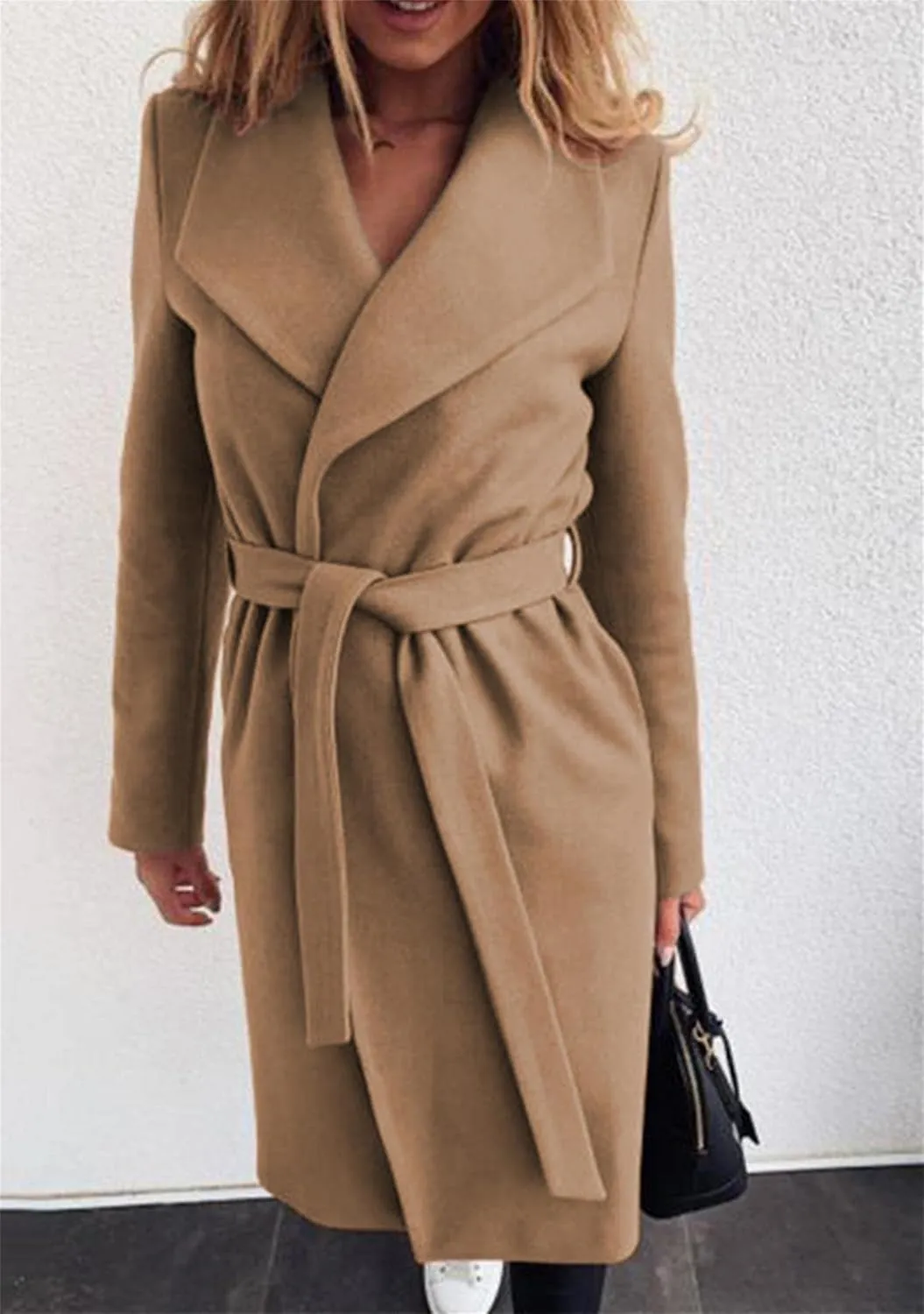FLITAY Women's Shawl Collar Lapel Winter Belted Lightweight Coat Fashion Wrap Overcoat with Pockets