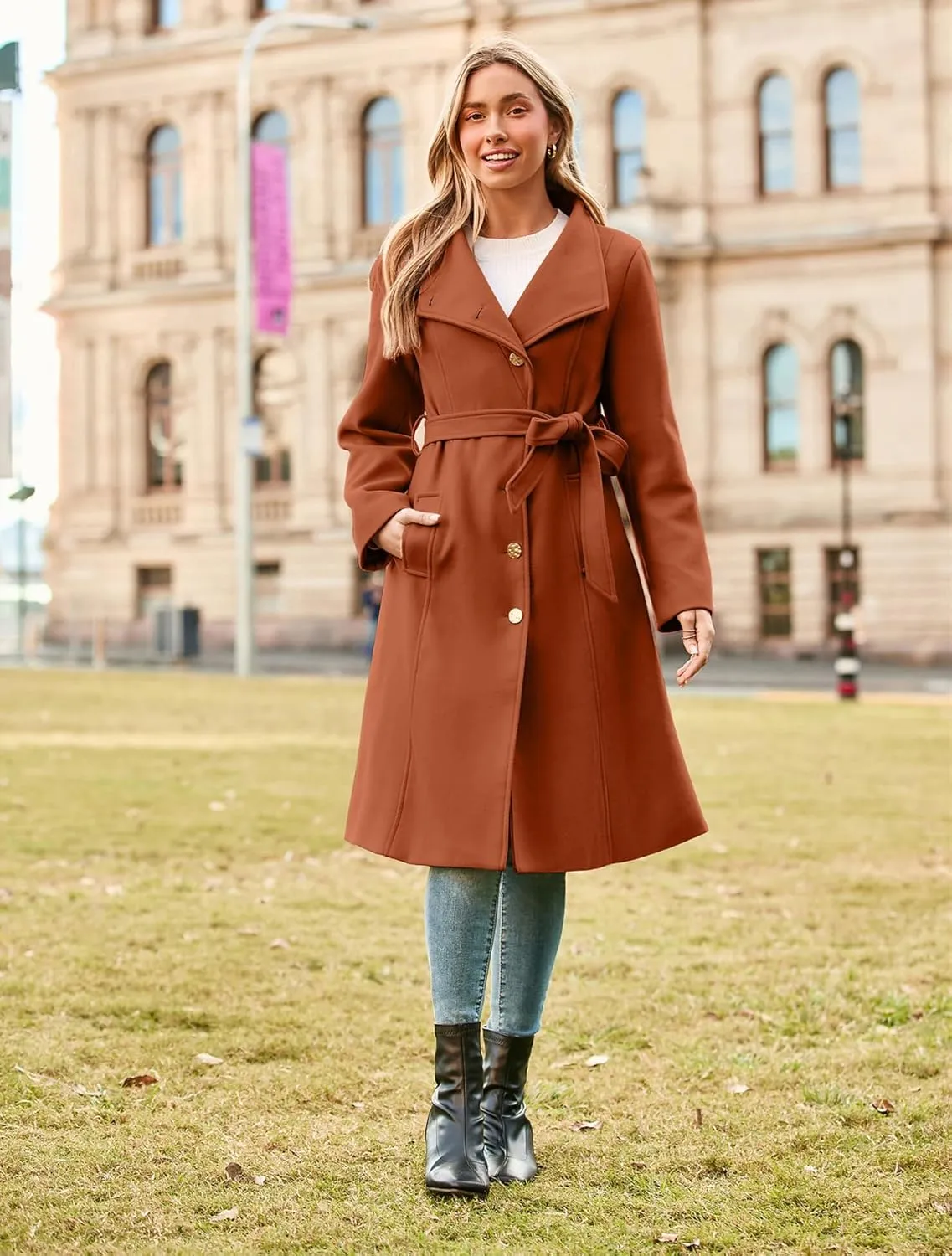 GRACE KARIN Womens Winter Coat 2024 Fall Casual Notch Lapel Single Breasted Belted Midi Peacoat with Pockets