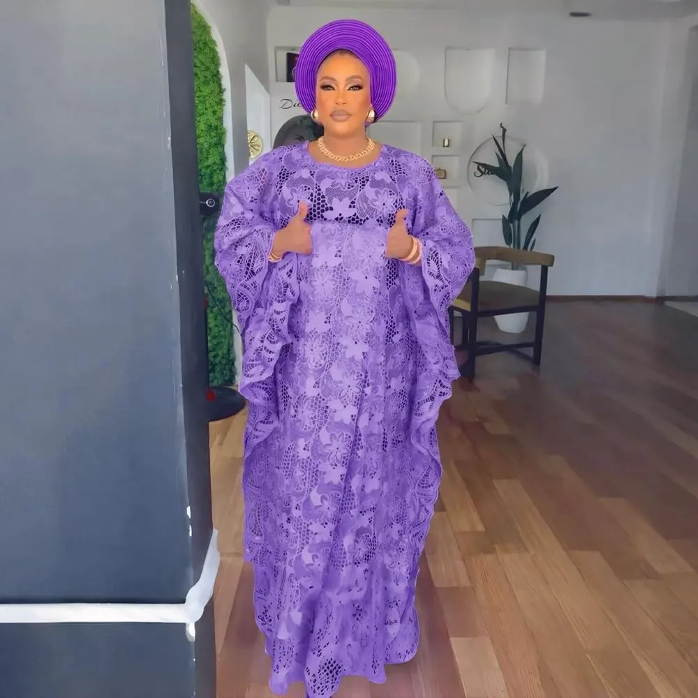 HD Women's Solid Color Lace Kaftan Dress Embroidery Rhinestone Evening Party Gown Plus Size