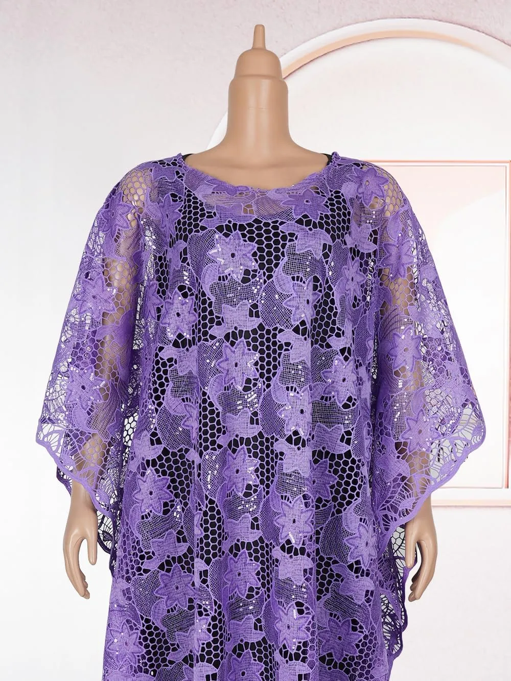 HD Women's Solid Color Lace Kaftan Dress Embroidery Rhinestone Evening Party Gown Plus Size