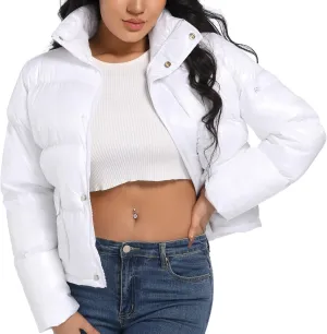 Hujoin Women's Quilted Shiny Padded Windproof Puffer Jacket with Baggy Pockets Bubble Coat