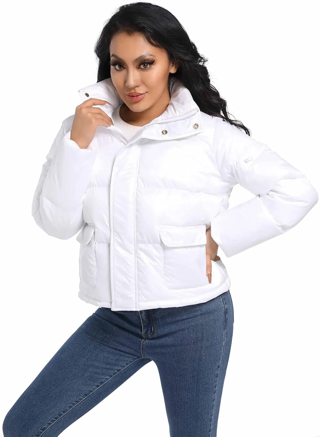 Hujoin Women's Quilted Shiny Padded Windproof Puffer Jacket with Baggy Pockets Bubble Coat