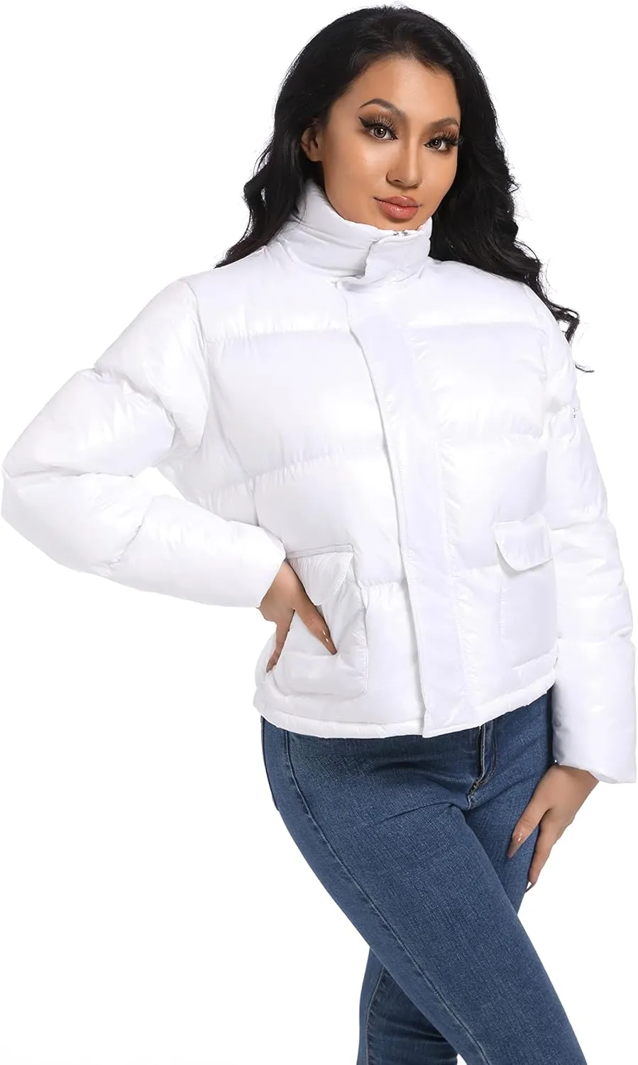 Hujoin Women's Quilted Shiny Padded Windproof Puffer Jacket with Baggy Pockets Bubble Coat