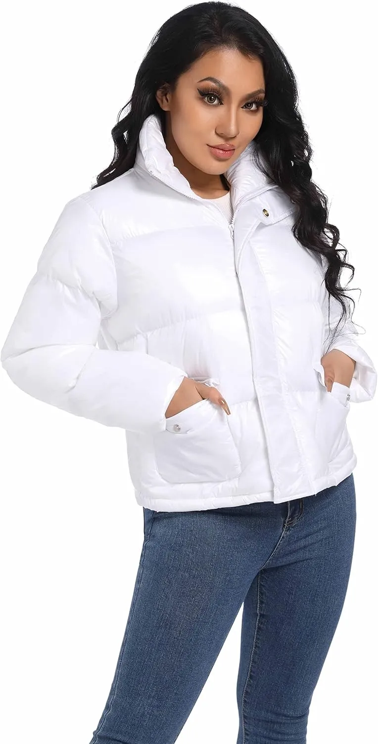 Hujoin Women's Quilted Shiny Padded Windproof Puffer Jacket with Baggy Pockets Bubble Coat