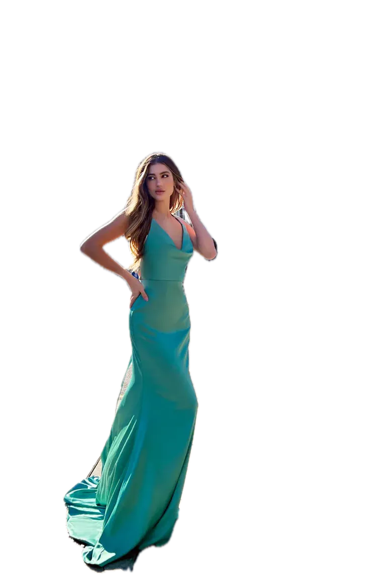 Jadore Jersey Gown – Elegant Cowl Neck Evening Dress with Lace-Up Back