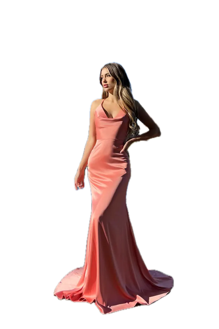 Jadore Jersey Gown – Elegant Cowl Neck Evening Dress with Lace-Up Back