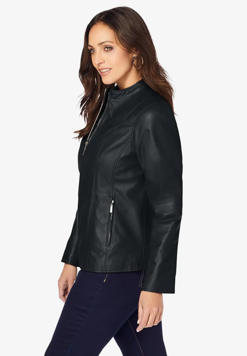 Jessica London Women's Plus Size Zip Front Leather Jacket