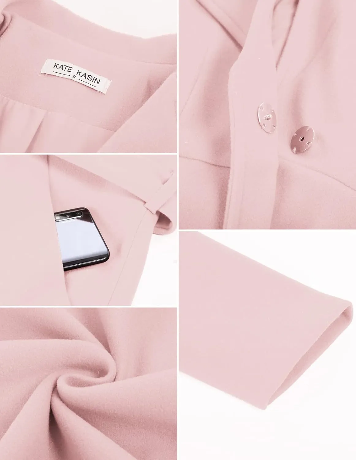 Kate Kasin Women A Line Peacoat Dress Coat Belted Notch Lapel Overcoat Fall Winter Trench Coats