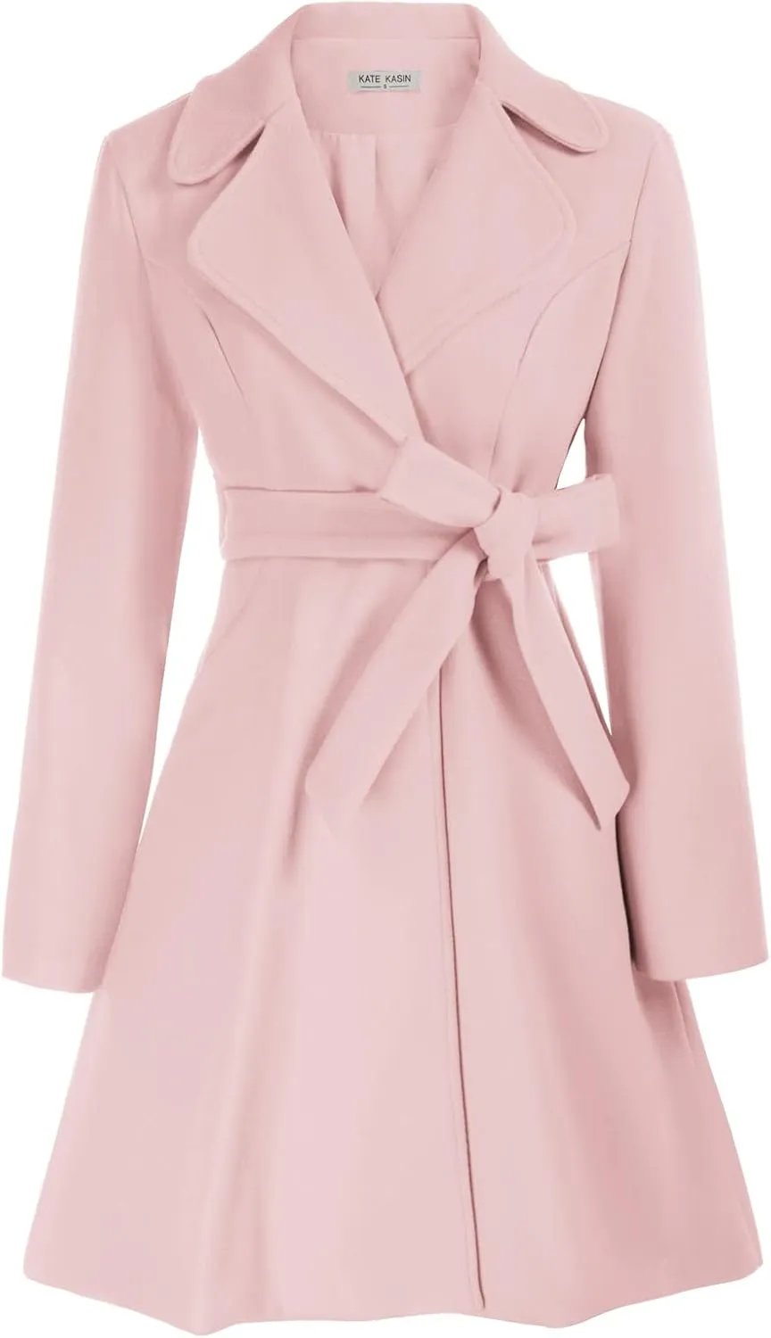 Kate Kasin Women A Line Peacoat Dress Coat Belted Notch Lapel Overcoat Fall Winter Trench Coats