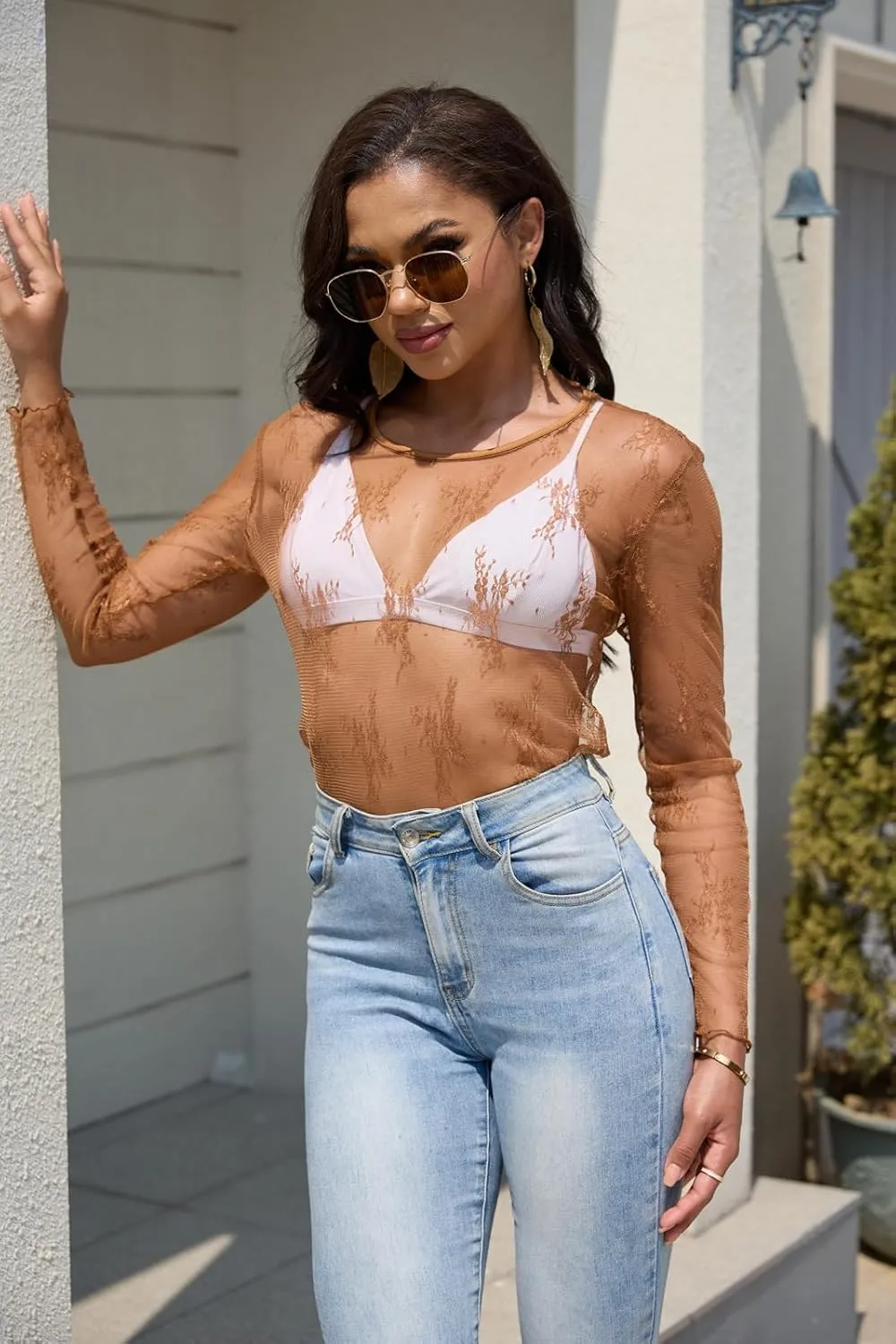 Lace Tops for Women Mesh Long Sleeve Top Crew Neck Sheer Blouse Sexy See Through Layering Shirts Outfits