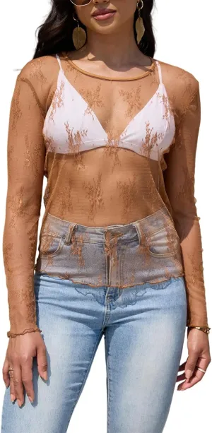 Lace Tops for Women Mesh Long Sleeve Top Crew Neck Sheer Blouse Sexy See Through Layering Shirts Outfits