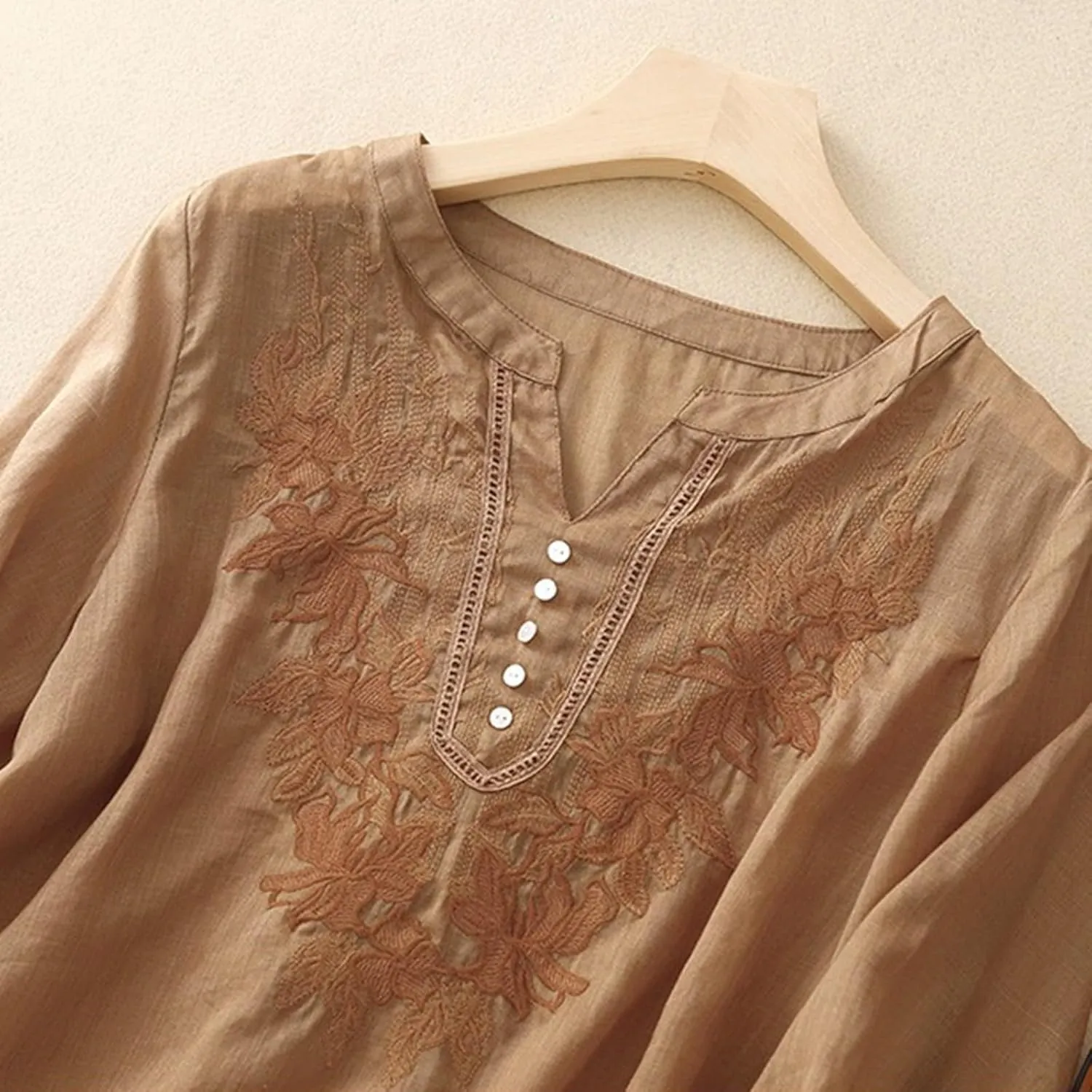 Linen Tops for Women Henley V Neck Summer 3/4 Sleeve Shirts Boho Embroidered Dressy Casual Blouses Loose Vintage Tees