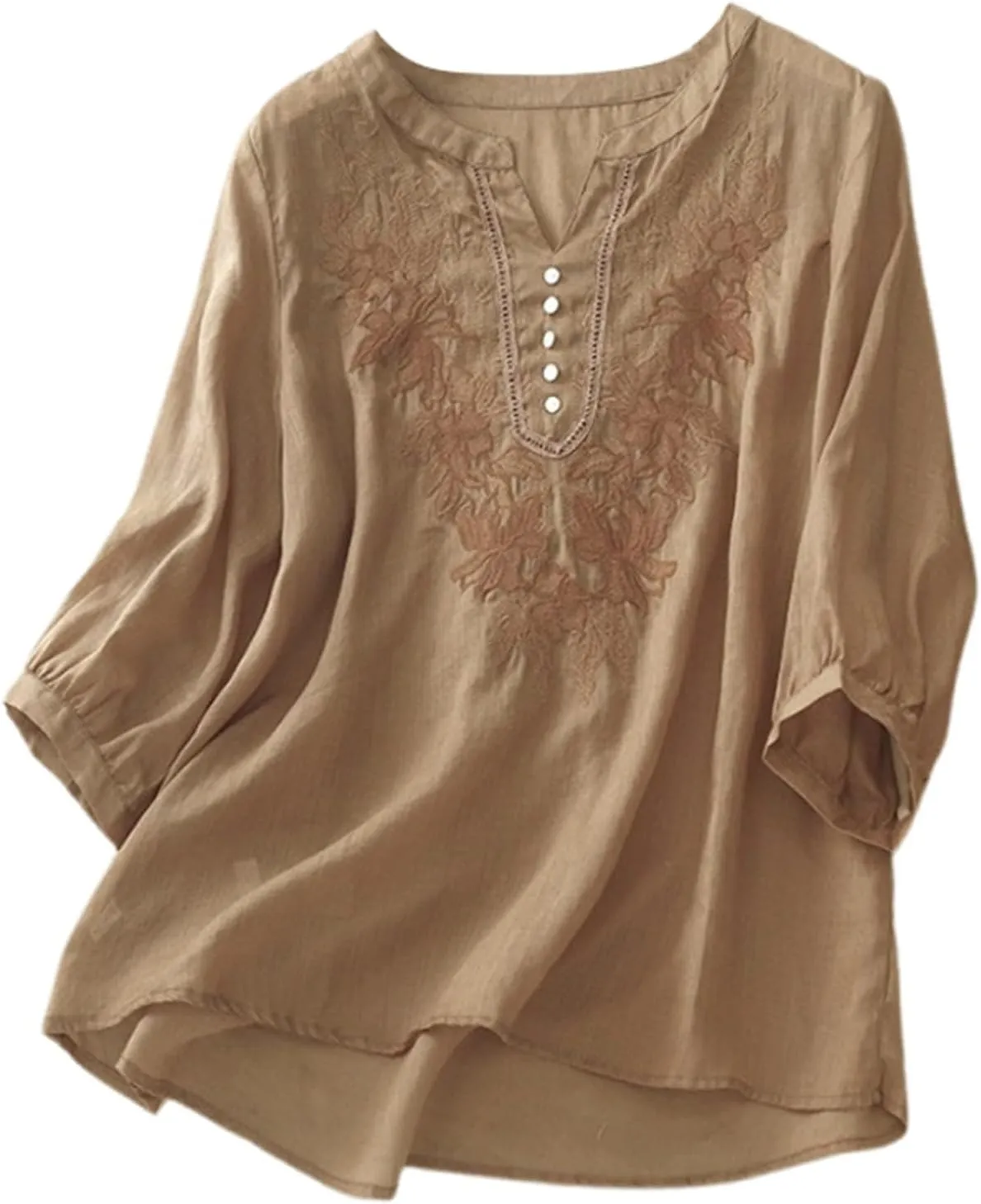 Linen Tops for Women Henley V Neck Summer 3/4 Sleeve Shirts Boho Embroidered Dressy Casual Blouses Loose Vintage Tees