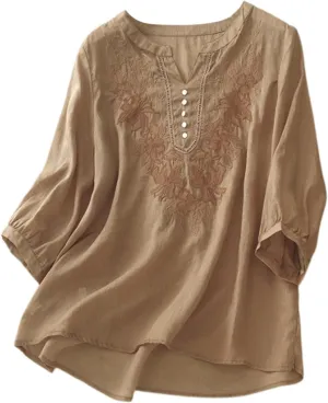 Linen Tops for Women Henley V Neck Summer 3/4 Sleeve Shirts Boho Embroidered Dressy Casual Blouses Loose Vintage Tees