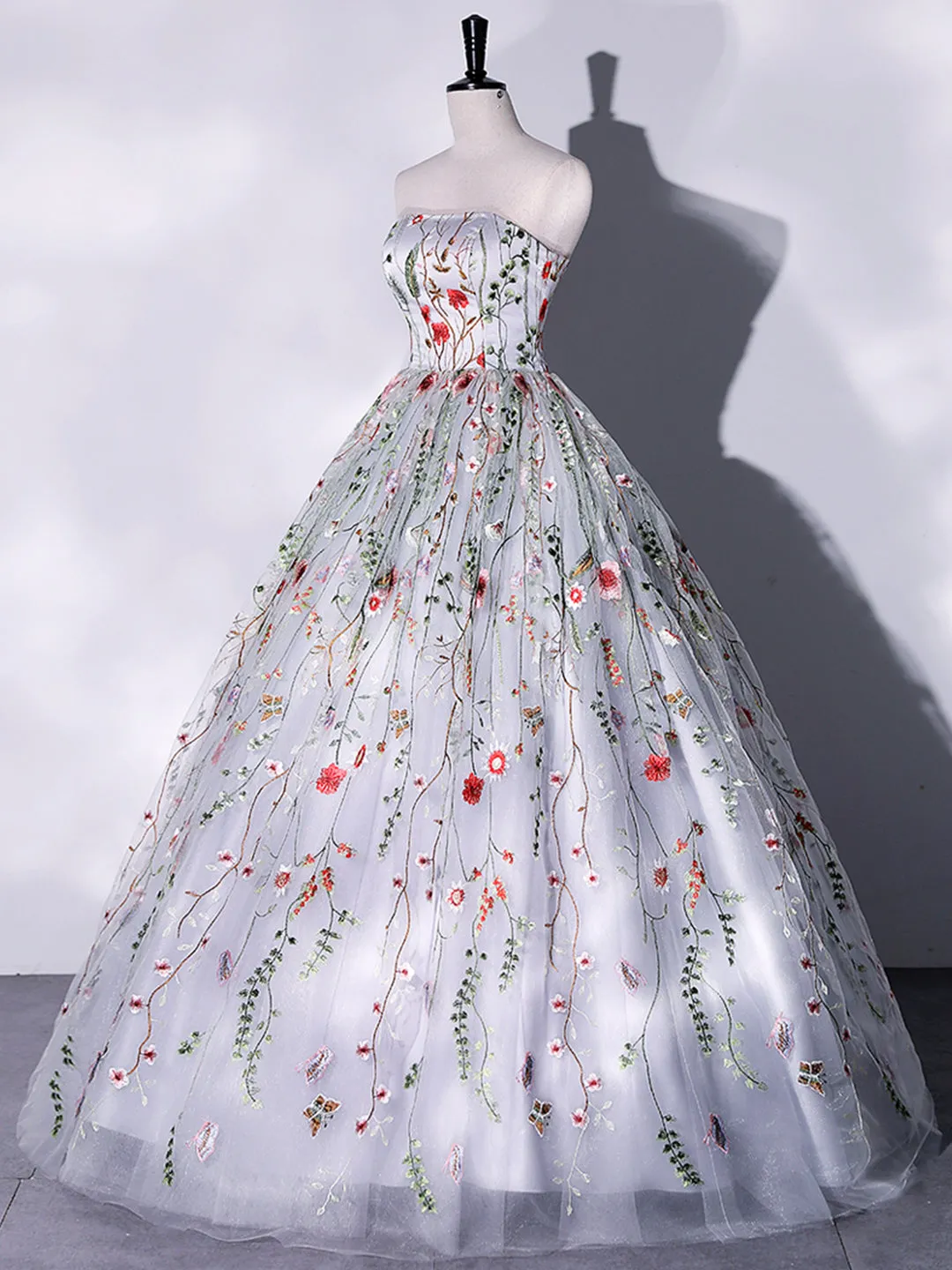 Lovely Strapless Floral Tulle Long Prom Dress Gray A-Line Evening Party Dress